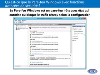Qu'est-ce que le Pare-feu Windows avec fonctions
avancées de sécurité ?
• Prend en charge le filtrage du trafic entrant et sortant
• Intègre les paramètres de filtrage de pare-feu et de
protection IPsec
• Vous permet de configurer les règles de contrôle du trafic
réseau
• Fournit les profils prenant en charge l'emplacement réseau
• Vous permet d'importer ou d'exporter des stratégies
Windows Server 2008 Internet
LAN
Pare-feu
Les règles de
pare-feu contrôlent
le trafic entrant
et sortant
Le Pare-feu Windows est un pare-feu hôte avec état qui
autorise ou bloque le trafic réseau selon la configuration
 