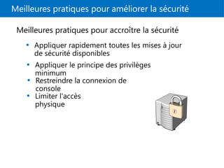 Meilleures pratiques pour améliorer la sécurité
Meilleures pratiques pour accroître la sécurité
• Appliquer rapidement toutes les mises à jour
de sécurité disponibles
• Appliquer le principe des privilèges
minimum
• Restreindre la connexion de
console
• Limiter l'accès
physique
 