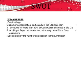 WEAKNESSES
-Credit rating
-Customer concentration, particularly in the US (Wal-Mart
accounts for more than 10% of Coca Cola's business in the US(
-A lot of loyal Pepsi customers are not enough loyal Coca Cola
customers
-Does not enjoy the number one position in India, Pakistan.
 