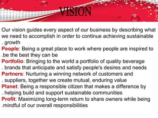 Our vision guides every aspect of our business by describing what
we need to accomplish in order to continue achieving sustainable
growth.
People: Being a great place to work where people are inspired to
be the best they can be.
Portfolio: Bringing to the world a portfolio of quality beverage
brands that anticipate and satisfy people's desires and needs.
Partners: Nurturing a winning network of customers and
suppliers, together we create mutual, enduring value.
Planet: Being a responsible citizen that makes a difference by
helping build and support sustainable communities.
Profit: Maximizing long-term return to share owners while being
mindful of our overall responsibilities.
 