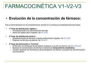 FARMACOCINÉTICA V1-V2-V3 Evolución de la concentración de fármaco: Tras la administración en el compartimiento central (V1) comienza inmediatamente tres fases: 1ª Fase de distribución rápida   a   : Inmediatamente tras administración de bolo Hacia los tejidos peor irrigados: de  V1 a V2 2ª Fase de distribución lenta   b   : Desplazamiento de fármaco a tejidos pobremente irrigados: de  V1 a V3  Regreso de fármaco al plasma: de  V2 a V1 3ª Fase de eliminación o Terminal:   El fármaco se distribuye de los tejidos al plasma y de ahí se elimina: de  V2 y V3 a V1 Decrece la concentración de fármaco mediante el  Aclaramiento metabólico .  Pueden aparecer los fenómenos de prolongación de efectos: procesos de remorfinización, recurarización.  