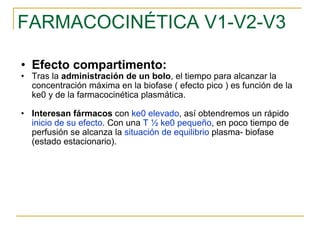 FARMACOCINÉTICA V1-V2-V3 Efecto compartimento: Tras la  administración de un bolo , el tiempo para alcanzar la concentración máxima en la biofase ( efecto pico ) es función de la ke0 y de la farmacocinética plasmática. Interesan fármacos  con  ke0 elevado , así obtendremos un rápido  inicio de su efecto . Con una  T ½ ke0 pequeño , en poco tiempo de perfusión se alcanza la  situación de equilibrio  plasma- biofase (estado estacionario). 
