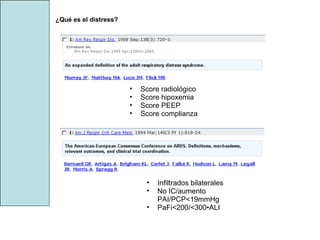 ¿Qué es el distress? Score radiológico Score hipoxemia Score PEEP Score complianza Infiltrados bilaterales No IC/aumento PAI/PCP<19mmHg PaFi<200/<300•ALI 