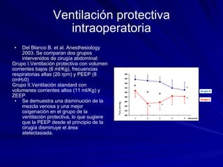 Ventilación protectiva intraoperatoria Del Blanco B. et al. Anesthesiology 2003. Se comparan dos grupos intervenidos de cirugía abdominal: Grupo I.Ventilación protectiva con volumen corrientes bajos (6 ml/Kg), frecuencias respiratorias altas (20 rpm) y PEEP (8 cmH 2 0) Grupo II.Ventilación standard con volumenes corrientes altos (11 ml/Kg) y ZEEP Se demuestra una disminución de la mezcla venosa y una mejor oxigenación en el grupo de la ventilación protectiva, lo que sugiere que la PEEP desde el principio de la cirugía disminuye el área atelectasiada. 
