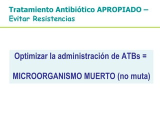 Optimizar la administración de ATBs =  MICROORGANISMO MUERTO (no muta) Tratamiento Antibiótico APROPIADO –  Evitar Resistencias   