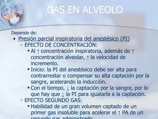 GAS EN ALVEOLO Depende de: Presión parcial inspiratoria del anestésico (PI) EFECTO DE CONCENTRACIÓN: Al  ↑  concentración inspiratoria, además de  ↑  concentración alveolar,  ↑  la velocidad de incremento. Inicio: la PI del anestésico debe ser alta para contrarrestar o compensar su alta captación por la sangre, acelerando la inducción. Con el tiempo,  ↓  la captación por la sangre, por lo que hay que  ↓  la PI para igualarla a la captación. EFECTO SEGUNDO GAS:  Habilidad de un gran volumen captado de un primer gas insoluble para acelerar el  ↑  PA de un segundo gas administrado. 