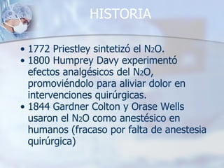 HISTORIA 1772 Priestley sintetizó el N 2 O. 1800 Humprey Davy experimentó efectos analgésicos del N 2 O, promoviéndolo para aliviar dolor en intervenciones quirúrgicas. 1844 Gardner Colton y Orase Wells usaron el N 2 O como anestésico en humanos (fracaso por falta de anestesia quirúrgica) 