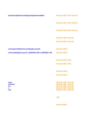 ce ownipaddressactive|defaultrouter0|rps|vid|operationalState Moshell ( RNC / RXI / Node B)
desc@type Moshell ( RNC / RXI / Node B)
Moshell ( RNC / RXI / Node B)
Moshell ( RNC / Node B)
Moshell ( RNC / Node B)
ell=[^,]+$ downtime|pmTotNoRrcConnectReq(Success)*$ Moshell ( RNC )
l pmTotNoRrcConnectReq(Success)*$ -s 20070225.1500 -e 20070225.1730 Moshell ( RNC )
Moshell ( RNC / RXI )
Moshell ( RNC / RXI )
Moshell ( RNC )
Moshell ( RNC )
.!utranrel !pmres Moshell ( RNC / Node B)
utranrel !cnhho|inter Moshell ( RNC / Node B)
utranrel cnhho Moshell ( RNC / Node B)
utranrel inter Moshell ( RNC / Node B)
utrancell pmres Moshell ( RNC / Node B)
CPP
Moshell (RBS)
 