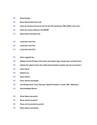 1/1 Show Boards
1/1 Show Board faster than cabr
1/1 same as cab plus led and hw info for the XP boards (eg: TMA, MCPA, Fans, etc.)
1/1 Show the Traces defined in the MP/BP
1/1 Show Board Hardware info
1/1 Loop test in the VCs
1/1 Loop test in the VCs
1/1 Loop test in the VCs
1/1 Show upgrade log
1/1 display the last 30 days of the alarm and system logs, merge them and show them
1/1 display the system log for the whole period stored in system log (can be several months
1/1 alarm log all
1/1 Restart Log
1/1 Show Alarms
1/1 Show alarms and details
1/1 List all Alarms per Time / Severity / Specific Problem / Cause / MO - Reference
1/1 Acknowledged Alarms
1/1 Show Alarms by period
1/1 Show events by period
1/1 Show coli commands by period
1/1 Show alarms and details
 