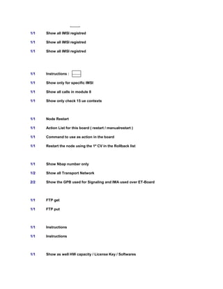 1/1 Show all IMSI registred
1/1 Show all IMSI registred
1/1 Show all IMSI registred
1/1 Instructions :
1/1 Show only for specific IMSI
1/1 Show all calls in module 8
1/1 Show only check 15 ue contexts
1/1 Node Restart
1/1 Action List for this board ( restart / manualrestart )
1/1 Command to use as action in the board
1/1 Restart the node using the 1º CV in the Rollback list
1/1 Show Nbap number only
1/2 Show all Transport Network
2/2 Show the GPB used for Signaling and IMA used over ET-Board
1/1 FTP get
1/1 FTP put
1/1 Instructions
1/1 Instructions
1/1 Show as well HW capacity / License Key / Softwares
WordPad Document
WordPad Document
 