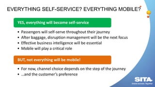 • Passengers will self-serve throughout their journey
• After baggage, disruption management will be the next focus
• Effective business intelligence will be essential
• Mobile will play a critical role
YES, everything will become self-service
• For now, channel choice depends on the step of the journey
• …and the customer’s preference
BUT, not everything will be mobile!
EVERYTHING SELF-SERVICE? EVERYTHING MOBILE?
 
