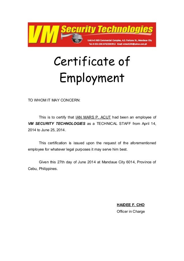 certificate of employment vm security technologies