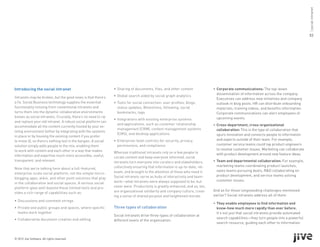 | social intranet
                                                                                                                                                                                         03




Introducing the social intranet                                 •	 Sharing of documents, files, and other content            •	 Corporate communications: The top-down
                                                                                                                                dissemination of information across the company.
Intranets may be broken, but the good news is that there’s      •	 Global search aided by social graph analytics
                                                                                                                                Executives can address new initiatives and company
a fix. Social Business technology supplies the essential        •	 Tools for social connection: user profiles, blogs,           outlook in blog posts. HR can distribute onboarding
functionality missing from conventional intranets and              status updates, @mentions, following, social                 materials, training videos, and benefits information.
turns them into the dynamic collaborative environments             bookmarks, tags                                              Corporate communications can alert employees of
known as social intranets. Crucially, there’s no need to rip                                                                    upcoming events.
                                                                •	 Integrations with existing enterprise systems
and replace your old intranet. A robust social platform can
                                                                   and applications, such as customer relationship           •	 Cross-department, cross-organizational
accommodate all the content currently hosted by your ex-
                                                                   management (CRM), content management systems                 collaboration: This is the type of collaboration that
isting environment (either by integrating with the systems
                                                                   (CMS), and desktop applications                              spurs innovation and connects people to information
in place or by housing the existing content if you prefer
to move it), so there’s nothing lost in the bargain. A social   •	 Enterprise-level controls for security, privacy,             and experts outside of their team. For example,
solution simply adds people to the mix, enabling them              permissions, and compliance                                  customer service teams could tap product engineers
to work with content and each other in a way that makes                                                                         to resolve customer issues. Marketing can collaborate
                                                                Whereas traditional intranets rely on a few people to           with product development around new feature ideas.
information and expertise much more accessible, useful,         curate content and keep everyone informed, social
transparent, and relevant.                                      intranets turn everyone into curators and stakeholders,      •	 Team and departmental collaboration: For example,
                                                                collectively ensuring that information is up-to-date, rel-      marketing teams coordinating product launches,
Note that we’re talking here about a full-featured,
                                                                evant, and brought to the attention of those who need it.       sales teams pursuing deals, R&D collaborating on
enterprise-scale social platform, not the simple micro-
                                                                Social intranets serve as hubs of interactivity and team-       product development, and service teams solving
blogging apps, wikis, and other point solutions that play
                                                                work—what intranets were always supposed to be, but             customer issues.
in the collaborative and social spaces. A serious social
platform goes well beyond these limited tools and pro-          never were. Productivity is greatly enhanced, and so, too,
                                                                are organizational solidarity and company culture, creat-    And as for those longstanding challenges mentioned
vides a rich range of capabilities such as:
                                                                ing a sense of shared purpose and heightened morale.         earlier? Social intranets address all of them:
•	 Discussions and comment strings
                                                                                                                             •	 They enable employees to find information and
•	 Private and public groups and spaces, where specific         Three types of collaboration                                    know-how much more rapidly than ever before.
   teams work together                                                                                                          It’s not just that social intranets provide automated
                                                                Social intranets drive three types of collaboration at
•	 Collaborative document creation and editing                                                                                  search capabilities­ they turn people into a powerful
                                                                                                                                                     —
                                                                different levels of the organization:
                                                                                                                                search resource, guiding each other to information



© 2012 Jive Software. All rights reserved.
 