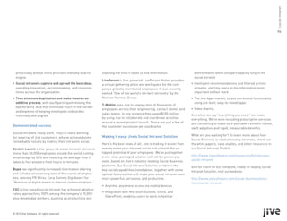 | social intranet
                                                                                                                                                                                   04




  proactively and far more precisely than any search      slashing the time it takes to find information.                environments while still participating fully in the
  engine.                                                                                                                social intranet
                                                          LivePerson’s Jive-powered LivePerson Nation provides
•	 Social intranets capture and spread the best ideas,    a virtual gathering place and workspace for the com-         •	 Intelligent recommendations and filtered activity
   speeding innovation, decisionmaking, and response      pany’s globally distributed employees. It was recently          streams, alerting users to the information most
   times across the organization.                         named “One of the world’s ten best intranets” by the            important to their work
•	 They eliminate duplication and make ideation an        Nielsen Norman Group.                                        •	 The Jive Apps market, so you can extend functionality
   additive process, with each participant moving the                                                                     using pre-built, easy-to-install apps
                                                          T-Mobile uses Jive to engage tens of thousands of
   ball forward. And they eliminate much of the burden
                                                          employees across their engineering, contact center, and      •	 Video sharing
   and expense of keeping employees onboarded,
                                                          sales teams. In one instance they saved $100 million         And when we say “everything you need,” we mean
   informed, and aligned.
                                                          by using Jive to collaborate and coordinate activities       everything. We’re even including prescriptive services
                                                          around a recent product launch. Those are just a few of      and consulting to make sure you have a smooth rollout,
Demonstrated success                                      the customer successes we could name.                        swift adoption, and rapid, measurable benefits.
Social intranets really work. They’re really working
                                                          Making it easy: Jive’s Social Intranet Solution              What are you waiting for? To learn more about how
for an array of Jive customers, who’ve achieved some
                                                                                                                       Social Business is revolutionizing intranets, check out
remarkable results by making their intranets social.
                                                          Here’s the best news of all: Jive is making it easier than   the white papers, case studies, and other resources in
Alcatel-Lucent’s Jive-powered social intranet connects    ever to make your intranet social and unleash the un-        our Social Intranet Toolkit:
more than 50,000 employees around the world, cutting      tapped potential of your employees. We’ve put together
                                                          a one-stop, packaged solution with all the pieces you        http://www.jivesoftware.com/resources/kits/access-
email usage by 50% and reducing the average time it
                                                          need, based on Jive’s industry-leading Social Business       social-intranet
takes to find answers from hours to minutes.
                                                          platform. Our Social Intranet Solution combines the          And for more on our complete, ready-to-deploy Social
Bupa has significantly increased information sharing      key social capabilities listed above, together with some     Intranet Solution, visit our website:
and collaboration among tens of thousands of employ-      special features that will make your social intranet even
ees, winning PR Wires’ Corp Comms Digi Award for          more powerful, pervasive, and productive.                    http://www.jivesoftware.com/social-business/solu-
“Best use of digital media in internal communications.”                                                                tions/social-intranet
                                                          •	 Anytime, anywhere access via mobile devices
CSC’s Jive-based social intranet has achieved adoption
                                                          •	 Integration with Microsoft Outlook, Office, and
rates approaching 100% among the company’s 95,000-
                                                             SharePoint, enabling users to work in familiar
plus knowledge workers, pushing up productivity and



© 2012 Jive Software. All rights reserved.
 