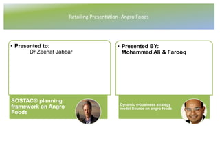 • Presented to:
Dr Zeenat Jabbar
SOSTAC® planning
framework on Angro
Foods
• Presented BY:
Mohammad Ali & Farooq
Dynamic e-business strategy
model Source on angro foods
Retailing Presentation- Angro Foods
 