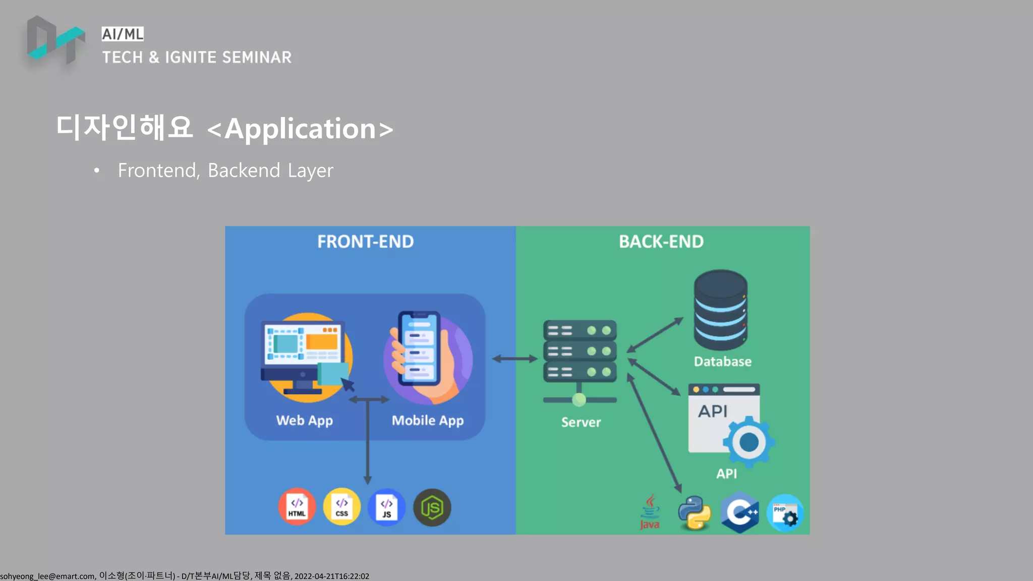 sohyeong_lee@emart.com, 이소형(조이∙파트너) - D/T본부AI/ML담당, 제목 없음, 2022-04-21T16:22:02
디자인해요 <Application>
• Frontend, Backend Layer
 