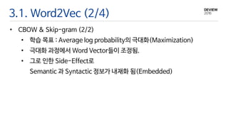 3.1. Word2Vec (2/4)
• CBOW & Skip-gram (2/2)
• 학습 목표 : Average log probability의 극대화(Maximization)
• 극대화 과정에서 Word Vector들이 조정됨.
• 그로 인한 Side-Effect로
Semantic 과 Syntactic 정보가 내재화 됨(Embedded)
 