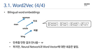 3.1. Word2Vec (4/4)
• Bilingual word embeddings
man
uncle
woman
이모
여왕
king
W(“woman”) – W(“man”) + W(“uncle”) = W(“이모”)
W(“woman”) – W(“man”) + W(“king”) = W(“여왕”)
• 만족할 만한 결과 안나옴… ㅠ
• 하지만, Neural Network과 Word Vector에 대한 내공은 쌓임.
 