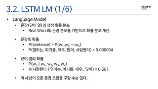 3.2. LSTM LM (1/6)
• Language Model
• 문장(단어 열)의 생성 확률 분포
• Real World의 문장 분포를 기반으로 확률 분포 계산.
• 문장의 확률
• P(sentence) = P(w1,w2,…,wn)
• P(엄마는, 아기를, 매우, 많이, 사랑한다) = 0.000004
• 단어 열의 확률
• P(w5 | w1, w2, w3, w4)
• P(사랑한다 | 엄마는, 아기를, 매우, 많이) = 0.667
• 이 세상의 모든 문장 조합을 구할 수는 없다.
 