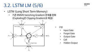 3.2. LSTM LM (5/6)
• LSTM (Long Short Term Memory)
• 기존 RNN의 Vanishing Gradient 문제를 완화
(Exploding은 Clipping Gradient로 해결)
• 구성
• Input Gate
• Forget Gate
• Output Gate
• Cell
• Hidden Output
 