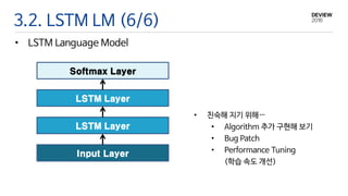 3.2. LSTM LM (6/6)
• LSTM Language Model
• 친숙해 지기 위해…
• Algorithm 추가 구현해 보기
• Bug Patch
• Performance Tuning
(학습 속도 개선)
Input Layer
LSTM Layer
LSTM Layer
Softmax Layer
 