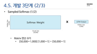 4.5. 개발 3단계 (2/3)
• Sampled Softmax (1/2)
LSTM Output
Hidden Size
(1,000)
Softmax Weight
HiddenSize
(1,000)
Vocab Size
(50,000)
x
• Matrix 연산 크기
• [50,000 * 1,000][1,000 * 1] = [50,000 * 1]
 