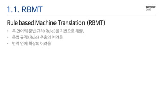 1.1. RBMT
Rule based Machine Translation (RBMT)
• 두 언어의 문법 규칙(Rule)을 기반으로 개발.
• 문법 규칙(Rule) 추출의 어려움
• 번역 언어 확장의 어려움
 