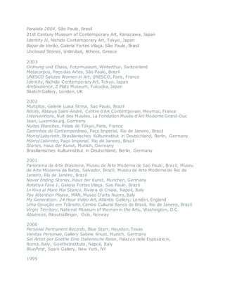 Paralela 2004, São Paulo, Brasil
21st Century Museum of Contemporary Art, Kanazawa, Japan
Identity II, Nichido Contemporary Art, Tokyo, Japan
Bazar de Verão, Galeria Fortes Vilaça, São Paulo, Brasil
Unclosed Stories, Unlimited, Athens, Greece
2003
Ordnung und Chaos, Fotomuseum, Winterthur, Switzerland 
Metacorpos, Paço das Artes, São Paulo, Brazil 
UNESCO Salutes Women in Art, UNESCO, Paris, France 
Identity, Nichido Contemporary Art, Tokyo, Japan 
Ambivalence, Z Platz Museum, Fukuoka, Japan
Sketch Gallery, London, UK
2002
Multiplos, Galerie Luisa Strina, Sao Paulo, Brazil 
Récits, Abbaye Saint-André, Centre d’Art Contemporain, Meymac, France 
Interventions, Nuit des Musées, La Fondation Musée d’Art Moderne Grand-Duc
Jean, Luxembourg, Germany
Nuites Blanches, Palais de Tokyo, Paris, France 
Caminhos do Contemporâneo, Paço Imperial, Rio de Janeiro, Brazil 
Morro/Labyrinth, Brasilianisches Kulturinstitut in Deutschland, Berlin, Germany 
Morro/Labirinto, Paço Imperial, Rio de Janeiro, Brazil 
Stories, Haus der Kunst, Munich, Germany
Brasilianisches Kulturinstitut in Deutschland, Berlin, Germany
2001
Panorama da Arte Brasileira, Museu de Arte Moderna de Sao Paulo, Brazil; Museu
de Arte Moderna da Bahia, Salvador, Brazil; Museu de Arte Moderna do Rio de
Janeiro, Rio de Janeiro, Brazil 
Never Ending Stories, Haus der Kunst, Munchen, Germany 
Rotativa Fase 1, Galeria Fortes Vilaça, Sao Paulo, Brazil 
In Riva al Mare Mai Stanco, Riviera di Chiaia, Napoli, Italy 
Pay Attention Please, MAN, Museo D'arte Nuoro, Italy 
My Generation: 24 Hour Video Art, Atlantis Gallery, London, England 
Uma Geração em Trânsito, Centro Cultural Banco do Brasil, Rio de Janeiro, Brazil 
Virgin Territory, National Museum of Women in the Arts, Washington, D.C.
Absences, Riksutstillinger, Oslo, Norway
2000
Personal Permanent Records, Blue Starr, Houston, Texas
Vanitas Personae, Gallery Sabine Knust, Munich, Germany 
Sei Artist per Goethe Eine Italienische Reise, Palazzo delle Esposizioni,
Roma, Italy; GoetheInstitute, Napoli, Italy 
BluePrint, Spark Gallery, New York, NY
1999
 