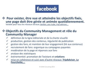  Pour exister, être vue et atteindre les objectifs fixés,
une page doit être gérée et animée quotidiennement.
Valable pour tous les réseaux sociaux: twitter, you tube, trip advisor,…
 Objectifs du Community Management et rôle du
Community Manager
 définition de la ligne éditoriale et de la charte visuelle
 production, gestion des contenus, régularité de publication
 gestion des fans, et maintien de leur engagement (lié aux contenus)
 recrutement de fans: organique ou campagnes payantes
 modération de la page et réponses aux fans
 analyse des statistiques
 événementiel: promotion de l’existant et créations
 mise en cohérence et suivi avec d’autre réseaux: TripAdvisor, La
Fourchette,…
© OEM Consulting 2015
 
