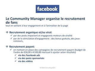 Le Community Manager organise le recrutement
de fans
tout en veillant à leur engagement et à l’animation de la page
 Recrutement organique et/ou viral:
 par des posts impactant et engageants moteurs de viralité
 par de la stimulation d’engagement : des bonus gratuits, des jeux-
concours,
 Recrutement payant:
 en mettant en place des campagnes de recrutement payant (budget de
l’ordre de €50,00 à €100,00 mensuel à ajuster selon résultats)
 via des Facebook ads
 via des posts sponsorisés
 via des vidéos
© OEM Consulting 2015
 