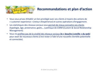 • Vous vous privez d’établir un lien privilégié avec vos clients à travers des actions de
« customer experience » (retour d’expérience) et autres opérations d’engagement.
• Les statistiques des réseaux sociaux vous permet de mieux connaitre vos clients
(typologie, âge, provenance, goûts,…) politique de CSRM (Custom & Social Relationship
Management).
• Vous ne profitez pas de la viralité des réseaux sociaux (le « bouche à oreille » du web)
pour avoir de nouveaux clients (c’est rester à l’abri d’une nouvelle clientèle potentielle
et connectée).
© OEM Consulting 2015
Recommandations et plan d’action
 