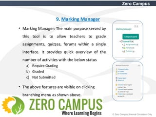 24 © Zero Campus| Internal Circulation Only
Zero Campus
9. Marking Manager
• Marking Manager: The main purpose served by
this tool is to allow teachers to grade
assignments, quizzes, forums within a single
interface. It provides quick overview of the
number of activities with the below status
a) Require Grading
b) Graded
c) Not Submitted
• The above features are visible on clicking
branching menu as shown above.
 
