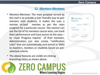 33 © Zero Campus| Internal Circulation Only
Zero Campus
12. Mentors-Mentees
• Mentors-Mentees: The main purpose served by
this tool is to provide a user friendly way to pair
mentors with students. It makes the user a
mentor or/and mentee as per the roles
assigned for a particular course. The mentor can
see the list of his mentees course wise, can track
their performance and have access to the easy –
to –read ‘Progress reports’ of their mentees.
Administrators can also create “notification
rules” that are automatically sent (email or SMS)
to teachers, mentors or students based on pre-
selected criteria.
• The above features are visible on clicking
branching menu as shown above.
 