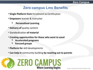 6 © Zero Campus| Internal Circulation Only
Zero Campus
Zero campus Lms Benefits
• Single Platform from Enrollment to Certification
• Empowers learner & instructor
 Personalized Learning
• Delivery of quality content
• Standardization of material
• Creating opportunities for those who want to excel
 Accelerated programs
 Focused groups
• Platform for skill developments
• Can help in community building by reaching out to parents
 