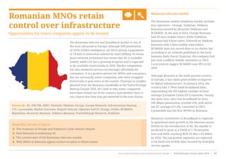 Romanian MNOs retain
control over infrastructure
Opportunities for tower companies appear to be limited
Romanian telecoms market
The Romanian mobile telephony market includes
four operators – Orange, Vodafone, Telekom
Romania (owned by Deutsche Telekom) and
RCS&RDS. At the end of 2014, Orange Romania
had 10.5mn mobile clients, while Vodafone
Romania had 8.6mn users, followed by Telekom
Romania with 5.9mn mobile subscribers.
RCS&RDS does not record data on its clients, but
according to an estimate published in the local
business daily Ziarul Financiar, the company had
just over a million mobile customers in 2014.
Local sources suggest RCS&RDS may IPO in H2
2016.
Although Romania is the tenth poorest country
in Europe, it has taken great strides to improve
its digital infrastructure. In January 2014, the
country had 3.79mn fixed broadband lines,
representing the 9th highest number of lines
amongst European Union (EU) countries. During
the same year, ultra fast broadband (at least
100 Mbps) penetration reached 4.%, well above
the EU average of 1.6%. Launched in 2015,
Lycamobile was the first MVNO in Romania.
Romania’s investment in broadband is expected
to spearhead more growth in the telecoms sector.
Driven by the introduction of 4G, the market is
predicted to grow at a CAGR of 2.7% between
now and 2018, reaching RON 16.4bn (~€3.66bn)
by 2018. The top growth segments are expected
to be fixed and mobile data, boosted by multiplay
service uptake.
Read this article to learn:
< The evolution of Orange and Vodafone’s joint venture Netgrid
< How Romania is embracing 4G
< The current state of the Romanian telecoms market
< Why MNOs in Romania appear to have no plans to divest towers
Keywords: 4G, ANCOM, ARPU, Deutsche Telekom, Europe, Europe Research, Infrastructure Sharing,
LTE, Lycamobile, Market Overview, Netgrid Telecom, Operator-Led JV, Orange, Ovidiu, RCS&RDS,
Regulation, Research, Romania, Telekom Romania, TowerXchange Research, Vodafone
The Romanian telecom and broadband market is one of
the most advanced in Europe, although SIM penetration
of 141% (GSMA Intelligence, Q4 2015) among a population
of 19.4mn is somewhat inflated by multi-SIMing. In recent
years network investment has meant that 3G is available
widely, while LTE has a growing footprint and is expected
to be available countrywide in 2016. Market competition
has also rendered services increasingly affordable for
consumers. It is a positive picture for MNOs and consumers,
but not necessarily tower companies, who have struggled
historically to gain entry to the market. Drawing on insights
gleaned from the Romania roundtable at the TowerXchange
Meetup Europe 2016, let’s look at why tower companies
have been locked out of the country, and whether there is
any chance that they may get admitted in the near future.
www.towerxchange.com/meetups/meetup-europe | TowerXchange Europe report 2016 | 101| TowerXchange Europe report 2016 | www.towerxchange.com/meetups/meetup-europe46
 