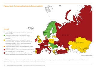 Figure four: European heat map of tower activity
TowerXchange research has not revealed any infracos or
towercos to date
Towercos or infracos active in the market. No recent
transactions have taken place and none rumoured to take
place soon
Towercos or infracos active in the market. No current
transactions taking place but an attempted tower sale has
taken place in the last 3 years or there are unconfirmed
rumours of a deal in this market.
Towercos or infracos active in the market. Rumours of deals
confirmed in the market.
Towercos or infracos active in the market. Deals of significant
size have taken place in the last 5 years.
Towercos or infracos active in the market. Deals have taken
place in the last year and more imminent deals rumoured
Legend
Note: For the purposes of our European coverage, ‘Towerco’ describes an independent company which owns and operates passive infrastructure for commercial profit. ‘Infraco’ incorporates MNO joint venture
organisations and carve outs which serve more than one entity or market their towers commercially
Source: TowerXchange
www.towerxchange.com/meetups/meetup-europe | TowerXchange Europe report 2016 | XX| TowerXchange Europe report 2016 | www.towerxchange.com/meetups/meetup-europe12
 