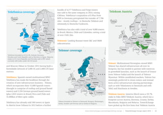 and Moscow Oblast in October 2015 having built a
formidable network of 5,000 3G and 2,000 LTE base
stations.
Telefónica: Spanish owned multinational MNO
Telefónica has made the headlines through the
creation of new infrastructure business – Telxius,
which incorporates their 11,000 Spanish towers
(thought to comprise of rooftop and ground based
towers) and 2,350 German ground based towers
(plus 2,832 towers in Brazil, Peru and Chile and
31,000km of fibre optic cable).
Telefónica has already sold 500 towers in Spain
to Abertis (now Cellnex) in 2012 before a further
bundle of 4,277 Telefónica and Yoigo towers
was sold to the same company in 2014, raising
€385mn. Telefónica’s acquisition of E-Plus from
KPN in Germany precipitated the transfer of 7,700
sites – mostly rooftops – to Deutsche Telekom and
ultimately to Deutsche Funkturm.
Telefónica has also sold a total of over 9,000 towers
in Brazil, Mexico, Chile and Colombia, raising a total
of over US$1.5bn.
Telemont: Leading Russian tower I&C and O&M
subcontractor.
Telenor: Multinational Norwegian owned MNO
Telenor has shared infrastructure all over its
footprint, but has tended to partner with towercos
in greenfield launches, such as the launch of Uninor
(now Telenor India) and the launch of Telenor
Myanmar. Within established markets, Telenor has
seemingly preferred to retain towers and instead
form active infrastructure sharing partnerships
such as with TeliaSonera in Denmark and with
Tele2 and Hutchison in Sweden.
Telekom Austria: America Movil owns a 59.7%
stake in €4bn MNO Telekom Austria, which has a
footprint across Austria, Slovenia, Croatia, Serbia,
Macedonia, Bulgaria and Belarus. TowerXchange
have picked up the first hints that Telekom Austria
Telekom Austria
Telefonica
Telenor coverage
Telenor branded as Telenor in Denmark, Hungary, Montenegro,
Serbia, Sweden and Norway and as Globul in Bulgaria
Telefonica coverage
Telefonica branded as O2 in UK, Ireland, Germany,
Slovakia and Czech Republic and as Movistar in Spain. Majority
stakes in O2 Czech Republic and Slovakia sold to PPF which
currently still trades under the O2 brand.
www.towerxchange.com/meetups/meetup-europe | TowerXchange Europe report 2016 | 23| TowerXchange Europe report 2016 | www.towerxchange.com/meetups/meetup-europeXX
 