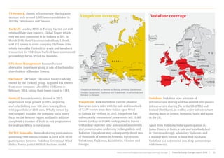 Vimpelcom: Kick started the current phase of
European tower sales with the sale and leaseback
of 7,377 towers from their Italian opco Wind
to Cellnex for €693mn in 2015. Vimpelcom has
subsequently commenced processes to sell 10,400
towers (and up to 19,000 rooftop sites) in Russia -
with a deal expected to be announced imminently
and processes also under way in Bangladesh and
Pakistan. Vimpelcom may subsequently divest tens
of thousands of towers in Armenia, Kyrgyzstan,
Uzbekistan, Tajikistan, Kazakhstan, Ukraine and
Georgia.
Vodafone: Vodafone is an advocate of
infrastructure sharing and has entered into passive
infrastructure sharing JVs in the UK (CTIL) and
Ireland (NetShare), as well as active infrastructure
sharing deals in Greece, Romania, Spain and again
in the UK.
Apart from Vodafone India’s participation in
Indus Towers in India, a sale and leaseback deal
in Tanzania through subsidiary Vodacom, and
a manage with license to lease deal in Ghana,
Vodafone has not entered into deep partnerships
with towercos.
TT-Network: Danish infrastructure sharing joint
venture with around 2,500 towers established in
2012 by TeliaSonera and Telenor.
Turkcell: Leading MNO in Turkey. Carved out and
retained their own towerco, Global Tower, which
they are now rumoured to be looking to IPO. In
March 2016, their Ukrainian subsidiary, Lifecell,
sold 811 towers to sister company UkrTower (also
wholly owned by Turkcell) in a sale and leaseback
transaction for US$52mn. Turkcell have commenced
proceedings for an IPO of the business.
UFG Asset Management: Russian focused
alternative investment group is one of the founding
shareholders of Russian Towers.
UkrTower: UkrTower, Ukrainian towerco wholly
owned by the Turkcell group. Acquired 811 towers
from sister company Lifecell for US$52mn in
February 2016, taking their tower count to 1181.
Vertical: Russian towerco, formed in 2013,
experienced large growth in 2015, acquiring
and refurbishing over 500 sites, leaving them
with a portfolio of 1600 sites. Wholly owned by
the company founder, the company has a heavy
focus on the Moscow region and has in addition
completed a number of build to suit programmes
for multiple MNOs in rural areas.
VICTUS Networks: Network sharing joint venture,
governing 7000 towers, created in 2014 with 50-50
participation between Vodafone Greece and Wind
Hellas. Uses a partial MORAN business model.
Vodafone coverage
Vimplecom
Vimpelcom coverage
Vimpelcom branded as Beeline in  Russia, Armenia, Kazakhstan,
Georgia, Kyrgyzstan, Tajikistan and Uzbekistan, Wind in Italy and
Kyivstar in Ukraine
www.towerxchange.com/meetups/meetup-europe | TowerXchange Europe report 2016 | 25| TowerXchange Europe report 2016 | www.towerxchange.com/meetups/meetup-europeXX
 