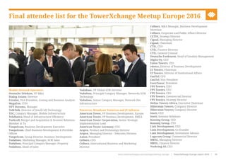 Vodafone, VP Global SCM Services
Vodafone, Principle Category Manager, Networks SCM
Technology
Vodafone, Senior Category Manager, Network Site
Infrastructure
Towercos, Broadcast Towercos and JV Infracos
American Tower, VP Business Development, Europe
American Tower, VP Business Development, EMEA
American Tower Corporation, Senior Strategic
Implementation Lead
American Tower Germany, CEO
Arqiva, Product and Technology Director
Arqiva, Managing Director - Telecoms Division
Axion, President
Cellnex, CEO
Cellnex, International Business and Marketing
Director
Final attendee list for the TowerXchange Meetup Europe 2016
Mobile Network Operators
Deutsche Telekom, VP M&A
Dialog Axiata, Director
Etisalat, Vice President, Costing and Business Analysis
MegaFon, CTIO
NTT Docomo, Manager
TalkTalk, Director of Small Cell Technology
TDC, Category Manager, Mobile Infrastructure
Telefonica, Head of Infrastructure Efficiency
Turkcell, Merger and Acquisition & Investor Relations
Member at Tu
Vimpelcom, Business Development Executive
Vimpelcom, Chief Business Development & Portfolio
Officer
Vimpelcom, Group Director, Business Development
Vodafone, Marketing Manager, SCM Sales
Vodafone, Principal Category Manager, Property
Vodafone, Head of Sales
Cellnex, M&A Manager, Business Development
Direction
Cellnex, Corporate and Public Affairs Director
CETIN, Strategy Director
Cignal, Managing Director
Cignal, Chairman
CTIL, CEO
CTIL, Finance Director
CTIL, General Counsel
Deutsche Funkturm, Head of Geodata Management
Digita Oy, CEO
Eaton Towers, CEO
edotco, Director of Business Development
EI Towers, Chairman
EI Towers, Director of Institutional Affairs
EmiTel, CFO
EmiTel, Vice President
EuroTower, President
FPS Towers, COO
FPS Towers, CFO
FPS Towers, CEO
FPS Towers, Commercial Director
FPS Towers, Strategy Director
Helios Towers Africa, Executive Chairman
Hibernian Towers, Company Director
Hibernian Towers, Company Director
Inwit, CEO
Inwit, Investor Relations
Konsing Group, CEO
Konsing Group, CTO
Link Development, CEO
Link Development, Co-founder
Link Development, Investment Advisor
Logycom Group, Commercial Director
MBNL, Managing Director
MBNL, Finance Director
Norkring AS, CEO
www.towerxchange.com/meetups/meetup-europe | TowerXchange Europe report 2016 | 29| TowerXchange Europe report 2016 | www.towerxchange.com/meetups/meetup-europe16
 