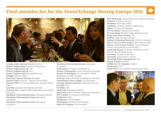 Coslight India Telecom Pvt Ltd, Director
Delmec Engineering, Business Development
Delmec Engineering Ltd, CTO
Delmec Engineering Ltd, CEO
Delmec Engineering, Managing Director
Dialight, Director Sales
Electronic Control Systems, President
EnerSys EMEA, Director - Reserve Power EMEA
EnerSys EMEA, VP Sales & Marketing - Reserve Power
EMEA
Enertika, Business Development Director
Ericsson AB, Strategic Product Management Energy &
Enclosure
Hardiman Telecommunications, Managing Partner
Hardiman Telecommunications, Managing
Consultant
Hardiman Telecommunications, Managing
Consultant
Hardiman Telecommunications, Managing
Consultant
Heliocentris, VP Sales and Marketing
Huawei Technologies, Senior Marketing Manager
Huawei Technologies, Vice President, Global
Marketing and Sales Support
Inaccess, Sales & Business Development Manager
International Power Supply, Vice President
Intrepid Advisory Partners, Managing Director
Invendis, CTO
Invendis, COO
Jabil Inala, Managing Director
Jabil Inala, Senior Director, Corporate Investment
KPR Consult, Co-Founder & Chairman
Medipower, CEO
Medipower, Vice President
Metalogalva, Business Unit Manager
Moelis & Company, Vice President
Mott McDonald, Technical Director, Digital Consulting
Nomura, Executive Director
NorthStar, President, EMEA
NorthStar, Director, Solution Engineering
ORION, Commercial Manager
PA Consulting, Managing Consultant
PA Consulting, Member of Management Group
Radio Innovation Sweden, CEO
Redflow, Sales Manager Europe
Rethink Technology Research, CEO & Co-Founder
Siterra, An Accruent Product, RVP Telecom Sales
Siterra, An Accruent Product, Senior Manager,
Product Management and Marketing
Small Cell Forum, Chairman, Multi-Operator &
Neutral Host Working Group
Tarantula, Founder & Director
Tarantula, Sales Director, Europe
Threefold Project Management, CEO
Vinson & Elkins, Partner
Willkie Farr & Gallagher, Partner
Zamil Infra, CEO
Zamil Infra, Vice President, International Sales
Final attendee list for the TowerXchange Meetup Europe 2016
www.towerxchange.com/meetups/meetup-europe | TowerXchange Europe report 2016 | 31| TowerXchange Europe report 2016 | www.towerxchange.com/meetups/meetup-europe18
 