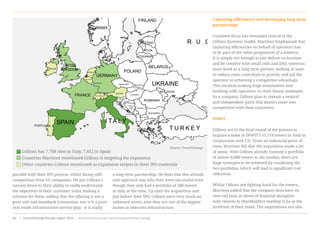 parallel with their IPO process, whilst facing stiff
competition from US companies. He put Cellnex’s
success down to their ability to really understand
the objectives of their customer, tailor making a
solution for them, adding that the offering is not a
pure sale and leaseback transaction, nor is it a pure
real estate infrastructure service play - it is really
a long term partnership. He feels that this attitude
and approach was why they were successful even
though they only had a portfolio of 300 towers
in Italy at the time. Up until the acquisition and
just before their IPO, Cellnex were very much an
unknown entity, now they are one of the biggest
names in telecoms infrastructure.
Capturing efficiencies and developing long term
partnerships
Customer focus has remained central to the
Cellnex business model. Martinez emphasised that
capturing efficiencies on behalf of operators has
to be part of the value proposition of a towerco.
It is simply not enough to just deliver co-location
and be creative with small cells and DAS, towercos
must work as a long term partner, looking at ways
to reduce costs, contribute to growth, and aid the
operator in achieving a competitive advantage.
This involves making huge investments and
working with operators on their future strategies.
As a company, Cellnex plan to remain a neutral
and independent party that doesn’t enter into
competition with their customers.
INWIT
Cellnex are in the final round of the process to
acquire a stake in INWIT’s 11,519 towers in Italy in
conjunction with F2i. From an industrial point of
view, Martinez felt that the acquisition made a lot
of sense. With Cellnex already running a portfolio
of almost 8,000 towers in the market, there are
huge synergies to be achieved by combining the
two portfolios, which will lead to significant cost
reduction.
Whilst Cellnex are fighting hard for the towers,
Martinez added that the company does have its
own red lines in terms of financial discipline
with returns to shareholders needing to be at the
forefront of their mind. The negotiations are also
Cellnex has 7,708 sites in Italy, 7,412 in Spain
Countries Martinez mentioned Cellnex is targeting for expansion
Other countries Cellnex mentioned as expansion targets in their IPO materials
Source: TowerXchange
www.towerxchange.com/meetups/meetup-europe | TowerXchange Europe report 2016 | 31| TowerXchange Europe report 2016 | www.towerxchange.com/meetups/meetup-europe44
 