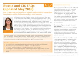 Russia and CIS FAQs
(updated May 2016)
Over 25 questions and answers to help you understand the tremendous
opportunities within the Russian and CIS tower markets
Russian telecoms infrastructure
How many towers are there currently in Russia?
TowerXchange estimates that there are around
42,100 ground based towers (GBTs) in Russia.
Megafon has the most extensive network with
~14,000 towers, MTS and VimpelCom each have
around 10,400 towers, while Tele2 has around
3,500. Russian Towers owns a further 1,800 towers,
newer entrants Vertical claim to have 1,600 sites,
and a handful of smaller towercos including Link
Development and Service Telecom account for a
few hundred more.
How many rooftop and streetpole masts are
there in Russia?
TowerXchange estimates there are around 75,000
urban mast solutions in Russia, mostly rooftops
and streetpoles. However this number is hard
to pinpoint as asset registers and contractual
documentation is often incomplete as far as these
assets are concerned.
What is the current situation for urban masts?
A lot of the urban capacity in Russia is currently
provided by rooftop and pole solutions. MNOs
find it easier to secure licensing for streetpoles
and are subsequently more inclined to put points
of service on existing high buildings. However
there is no standard for agreements on rooftop
space and dealing with multiple private landlords
across urban areas is a logistical nightmare for
operators. There are also a lot of question marks
over the legality of new and existing rooftop masts
Read this article to learn:
< The creation of the three leading Russian MNOs’ towercos and their plans for monetisation
< The independent towercos and investors bidding to acquire Russia’s towers
< The relative value and complexity of management of towers versus rooftops
< The prospects of Russian towerco business models extending beyond towers to fibre and power
< Forecasts for new tower builds and for the percentage of towers that will be owned by towercos
by 2017
As the largest country on the planet, Russian telecom networks are made up of
~42,100 towers and ~75,000 rooftops across its populated regions, most of which
remain operator-captive. In a fiercely competitive MNO landscape with relatively
few shared sites, only Russian Towers, Vertical and a couple of other smaller
towercos are steadily creating an independent towerco market in the country.  That
may all be about to change. Each of Russia’s three leading MNOs has carved out
their own towerco: VimpelCom has created ‘National Tower Company’ which they
intend to sell and leaseback the towers if their valuation can be met, Megafon has
carved out ‘First Tower Company’ with a view to a future sale to a strategic buyer,
while MTS has injected 5,500 towers into ‘MTS Towers.’ Even Tele2 Russia are
rumored to be selling their towers. This update combined TowerXchange research
with insights gleaned from the Russia roundtable at our recent European Meetup.
Keywords: Editorial, MNOs, Towercos, Russia & CIS, Europe, Russia, Ukraine, Kazakhstan, Russian Towers,
ESN, Tele2, Megafon, Vimpelcom, MTS, Acquisition, Market Overview, Valuation, 4G, LTE, Deal Structure,
Transfer Assets, Urban vs Rural Co-locations, Infrastructure Sharing, Risk, Build-to-Suit, First Mover
Advantage, Country Risk, Rooftop, Sale & Leaseback, Private Equity, Infrastructure Funds
By Frances Rose, Head of
EMEA, TowerXchange
www.towerxchange.com/meetups/meetup-europe | TowerXchange Europe report 2016 | 87| TowerXchange Europe report 2016 | www.towerxchange.com/meetups/meetup-europe46
 