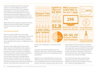 venture (JV) company called Victus Networks
to share 2G and 3G mobile access network
infrastructure in March 2014. The company’s
main objective is to manage the Radio Access
and Transmission Networks (RAN) of its parent
companies and, in parallel, implement a partial
active radio network sharing (MORAN) for 2G and
3G technologies in rural and selected urban areas of
Greece.
Whilst infrastructure sharing is significant between
Vodafone Greece and WIND Hellas, incumbent
Cosmote has less of an appetite to share their
towers.
The Greek tower market
There are around 12,000 towers and rooftop
structures now in Greece, representing around 1,500
SIMs per tower, indicative of a relatively mature
network. At present, no telecom tower companies
have a foothold in the country – the MNOs own all of
the assets.
Broadcast infraco Digea has 156 sites and also
leases capacity from the MNOs in the market, as
well as ~80 sites owned by States TV and Radio
provider ERT. Digea is owned by seven different
private broadcasters, each possessing a temporary
nationwide broadcast license. One of these
seven private broadcasters is already defunct,
most the others are deeply in the red. Greece’s
new government wants to restructure broadcast
licensing, auctioning off four permanent nationwide
licenses. This could create an incentive for the
current seven stakeholders to monetise and exit
Digea.
At present, only 30% of the MNOs towers are
located in urban areas, where licensing, landlords
and official bureaucracy is are hampering further
densification.
Vodafone Greece and WIND Hellas currently own
7,000 tower and rooftop sites between them. Prior
to the establishment of the JV, several hundred sites
had been set up for co-location; these sites are now
being utilised for network sharing. The tenancy
ratio on Victus Networks’ towers and rooftops is 1.5
but is expected to go up as the MNOs increase their
network sharing. A decommissioning programme
is under way which is expected to result in the
Victus Networks tower count falling to 6,000 and
the tenancy ratio increase in tandem.
Victus Networks report that around 200 sites
(primarily in mountainous regions) in their
portfolio are off-grid, with the majority running
24/7 on hybrid, energy efficient DGs.
163%
SIM penetration
€€€
50-50 JV
between WIND
and Vodafone
Greece has
12,000 towers
1,500 SIMs
per tower
Victus
Networks
Victus Networks
has 200 off-grid sites
Victus Networks
tenancy ratio 1.5
Economy
contracted
by 25%
MNO revenue
down 53% in
the last 7 years
Cosmote don’t
need cash
SLBimminent?
Broadcast towerco
Digea has 156 sites
156
www.towerxchange.com/meetups/meetup-europe | TowerXchange Europe report 2016 | 35| TowerXchange Europe report 2016 | www.towerxchange.com/meetups/meetup-europe96
 