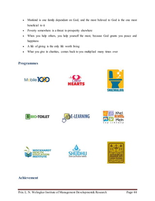 Prin. L. N. Welingkar Institute of Management Development& Research Page 44
 Mankind is one family dependant on God, and the most beloved to God is the one most
beneficial to it
 Poverty somewhere is a threat to prosperity elsewhere
 When you help others, you help yourself the most, because God grants you peace and
happiness
 A life of giving is the only life worth living
 What you give in charities, comes back to you multiplied many times over
Programmes
Achievement
 