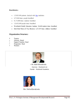 Prin. L. N. Welingkar Institute of Management Development& Research Page 45
Beneficiaries:
 1,39,05,496 patients checked with free medicines
 4,75,860 times people benefitted
 81,75,000 times students benefitted
 1,26,03,680 people times benefitted
 Wockhardt Health Education Institute 34,660 student times benefitted
 Khel Khel Mein (23 Toy libraries) 2,27,347 times children benefitted
Organization Structure:
• Trustees
• Advisory Board
• Support Function Head
• Programme Head
• Warriors
1 Dr. Habil Khorakiwala
Chairman - Wockhardt Ltd
Founder - Wockhardt Foundation
Mrs. Nafisa Khorakiwala
 