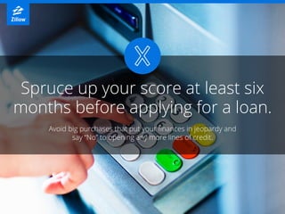 Spruce up your score at least six
months before applying for a loan.
Avoid big purchases that put your finances in jeopard...