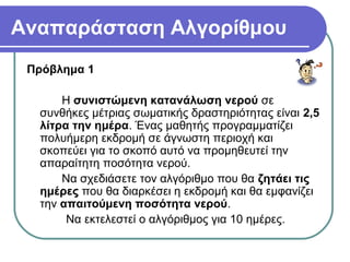 Αναπαράσταση Αλγορίθμου
Πρόβλημα 1
Η συνιστώμενη κατανάλωση νερού σε
συνθήκες μέτριας σωματικής δραστηριότητας είναι 2,5
λίτρα την ημέρα. Ένας μαθητής προγραμματίζει
πολυήμερη εκδρομή σε άγνωστη περιοχή και
σκοπεύει για το σκοπό αυτό να προμηθευτεί την
απαραίτητη ποσότητα νερού.
Να σχεδιάσετε τον αλγόριθμο που θα ζητάει τις
ημέρες που θα διαρκέσει η εκδρομή και θα εμφανίζει
την απαιτούμενη ποσότητα νερού.
Να εκτελεστεί ο αλγόριθμος για 10 ημέρες.
 