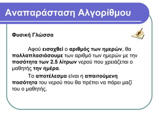 Αναπαράσταση Αλγορίθμου
Φυσική Γλώσσα
Αφού εισαχθεί ο αριθμός των ημερών, θα
πολλαπλασιάσουμε των αριθμό των ημερών με την
ποσότητα των 2.5 λίτρων νερού που χρειάζεται ο
μαθητής την ημέρα.
Το αποτέλεσμα είναι η απαιτούμενη
ποσότητα του νερού που θα πρέπει να πάρει μαζί
του ο μαθητής.
 