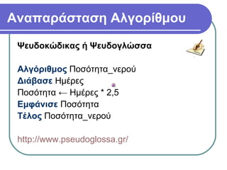 Αναπαράσταση Αλγορίθμου
Ψευδοκώδικας ή Ψευδογλώσσα
Αλγόριθμος Ποσότητα_νερού
Διάβασε Ημέρες
Ποσότητα ← Ημέρες * 2,5
Εμφάνισε Ποσότητα
Τέλος Ποσότητα_νερού
http://www.pseudoglossa.gr/
 