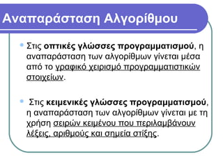 Αναπαράσταση Αλγορίθμου
Στις οπτικές γλώσσες προγραμματισμού, η
αναπαράσταση των αλγορίθμων γίνεται μέσα
από το γραφικό χειρισμό προγραμματιστικών
στοιχείων.
 Στις κειμενικές γλώσσες προγραμματισμού,
η αναπαράσταση των αλγορίθμων γίνεται με τη
χρήση σειρών κειμένου που περιλαμβάνουν
λέξεις, αριθμούς και σημεία στίξης.
 